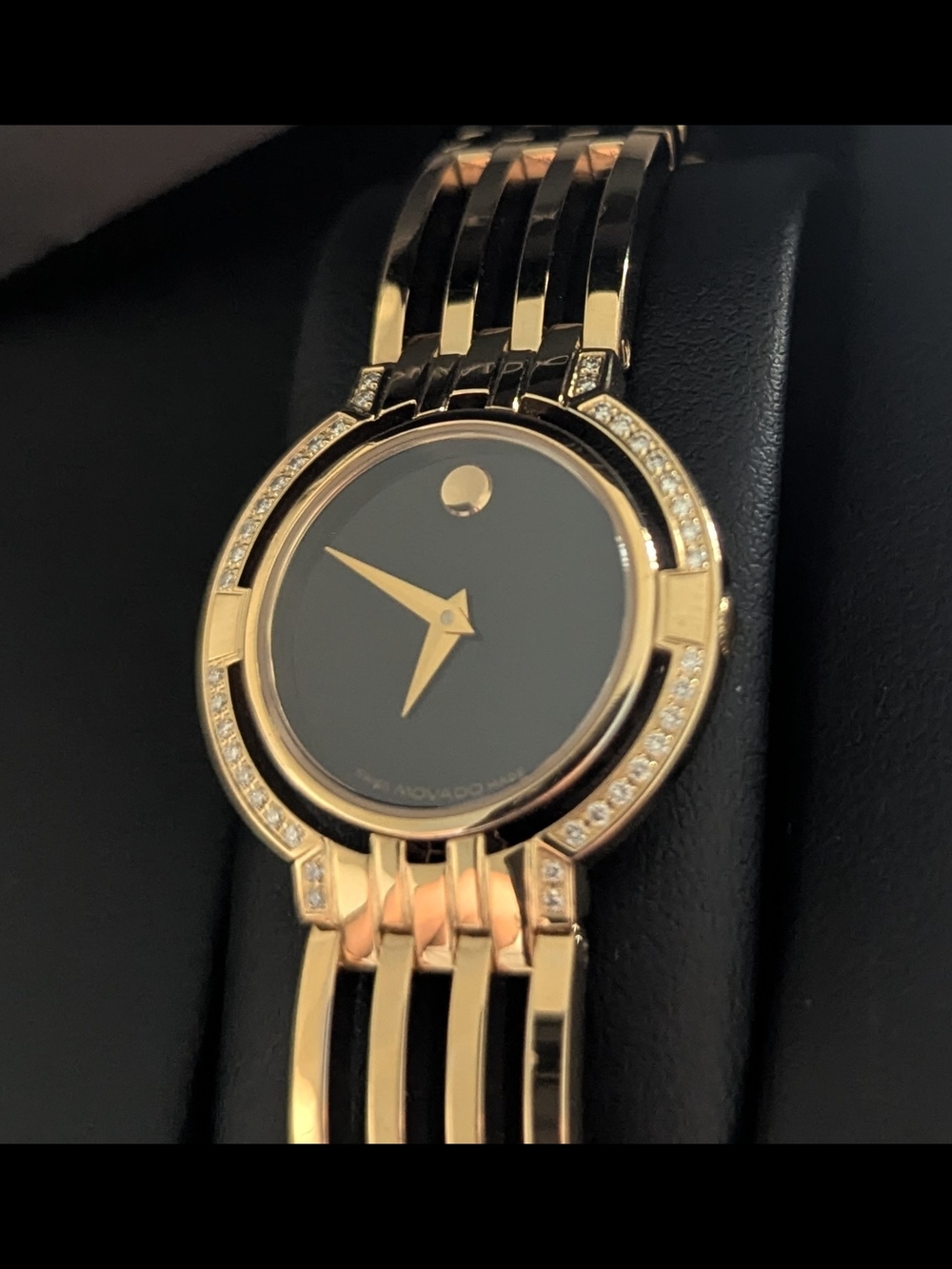 Movado Watch Women’s Gold Black Dial Diamond Bracelet $2795